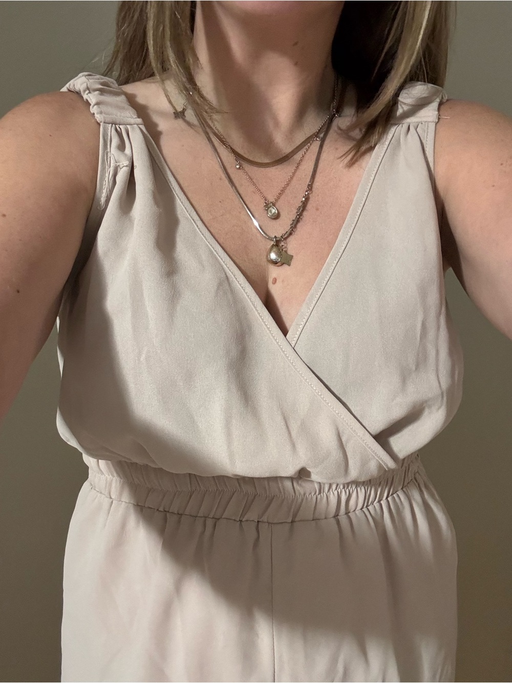 Salanta Sleeveless V-Neck Romper in Blush Beige